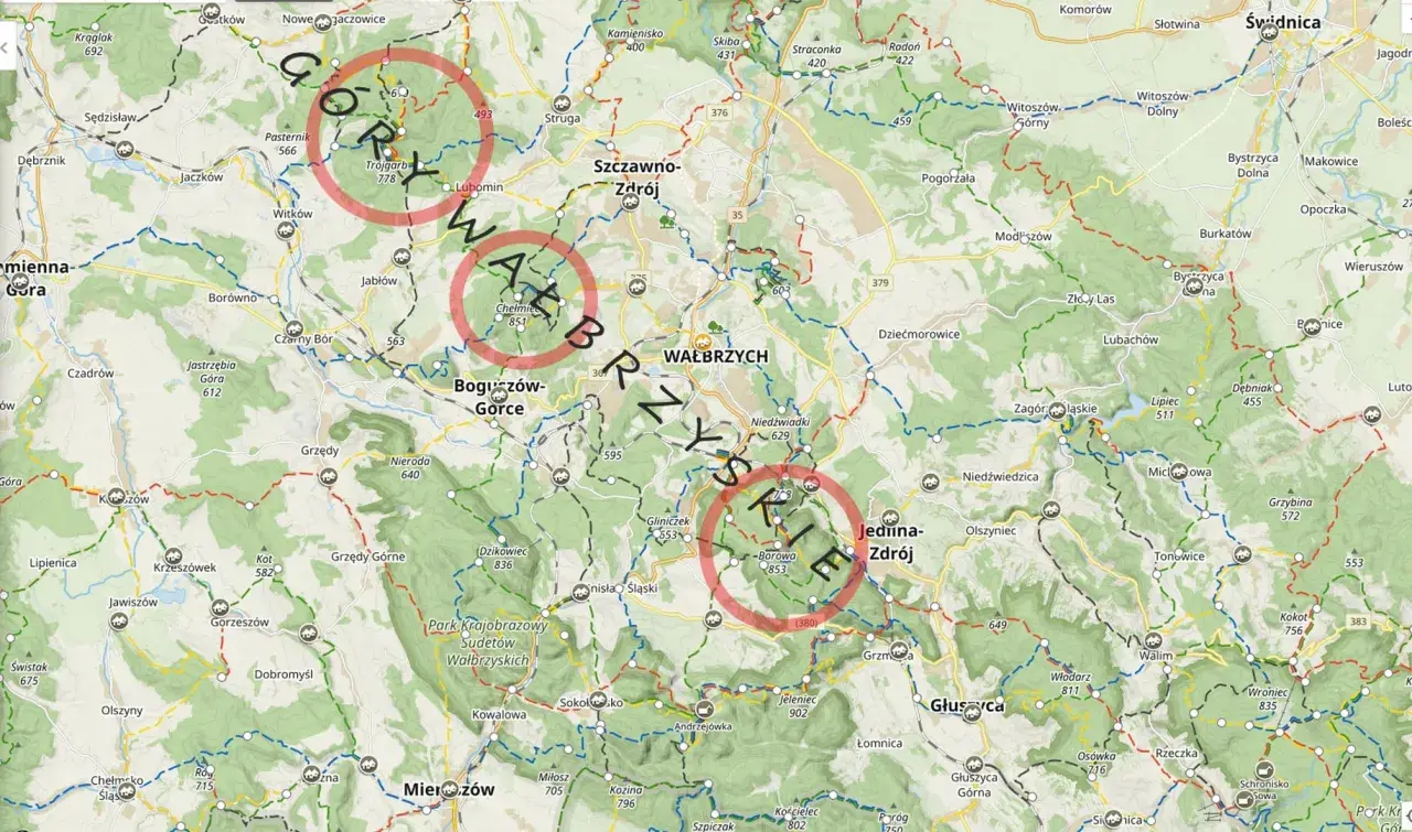 Mapa Gór Wałbrzyskich z zaznaczonymi trasami. Szukasz najlepszych tras w górach wałbrzyskich na krótki trekking? Sprawdź okolice Chełmca i Jedliny-Zdroju.