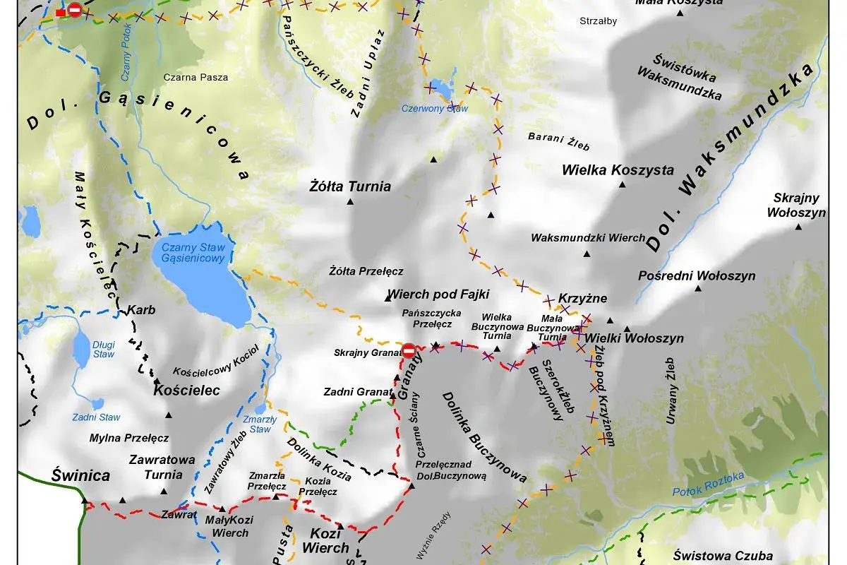 Mapa Tatr z zaznaczonymi szlakami turystycznymi, jeziorami i szczytami.