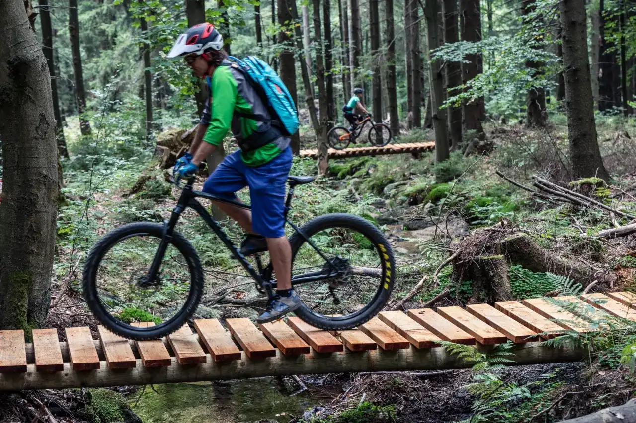 Różnica między trasą turystyczną a trasą rowerową singletrack glacensis: rowerzysta pokonuje drewniany mostek nad strumieniem w lesie.