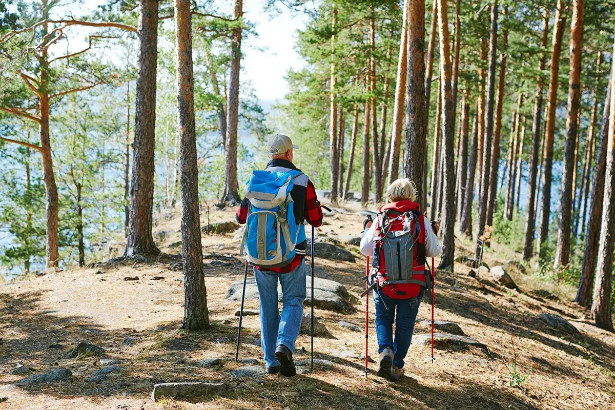 Dwie osoby z plecakami i kijkami maszerują leśną ścieżką. Czy warto korzystać z kijków na podejściach w górach bardzkich?