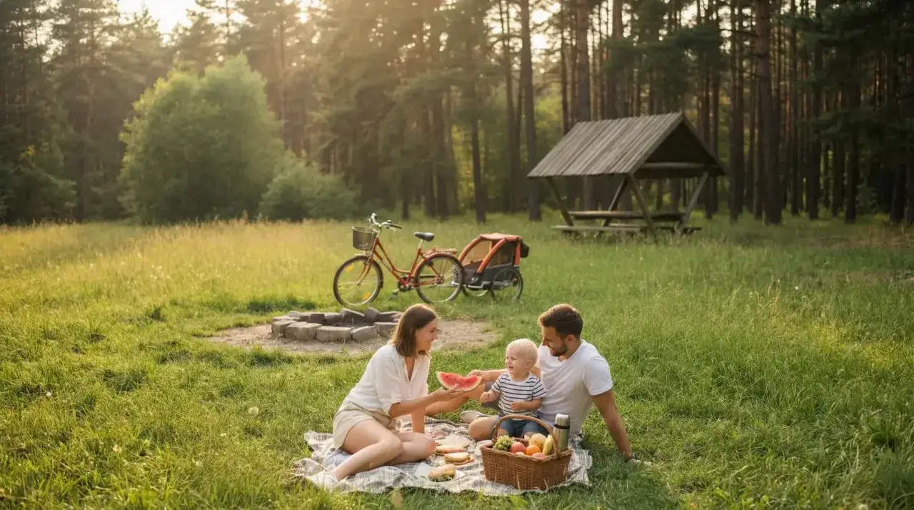 Rodzina na pikniku w Puszczy Kampinoskiej. Idealne miejsce na jednodniowy wypad, gdzie można odpocząć i cieszyć się naturą.