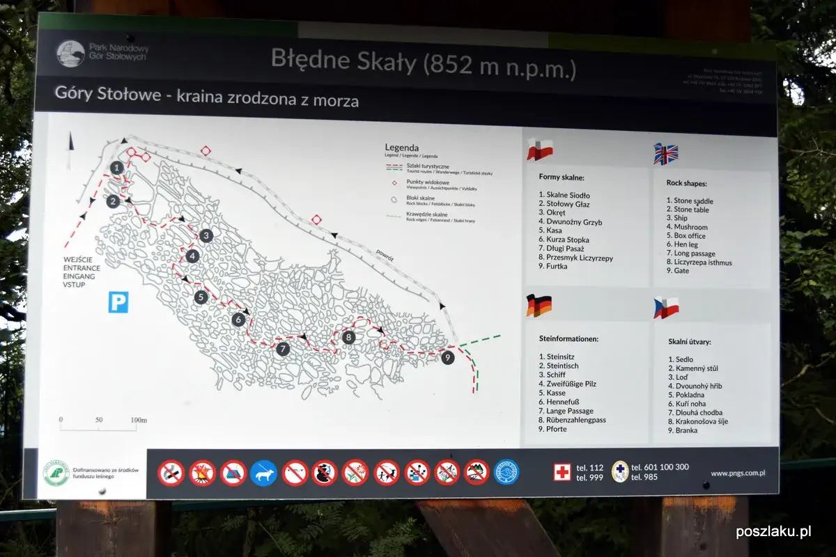 Mapa Błędnych Skał z zaznaczonymi trasami turystycznymi i formami skalnymi. Wyjaśnia przyczyny pomyłek na szlaku w błędnych skałach mimo wyznaczonej trasy.