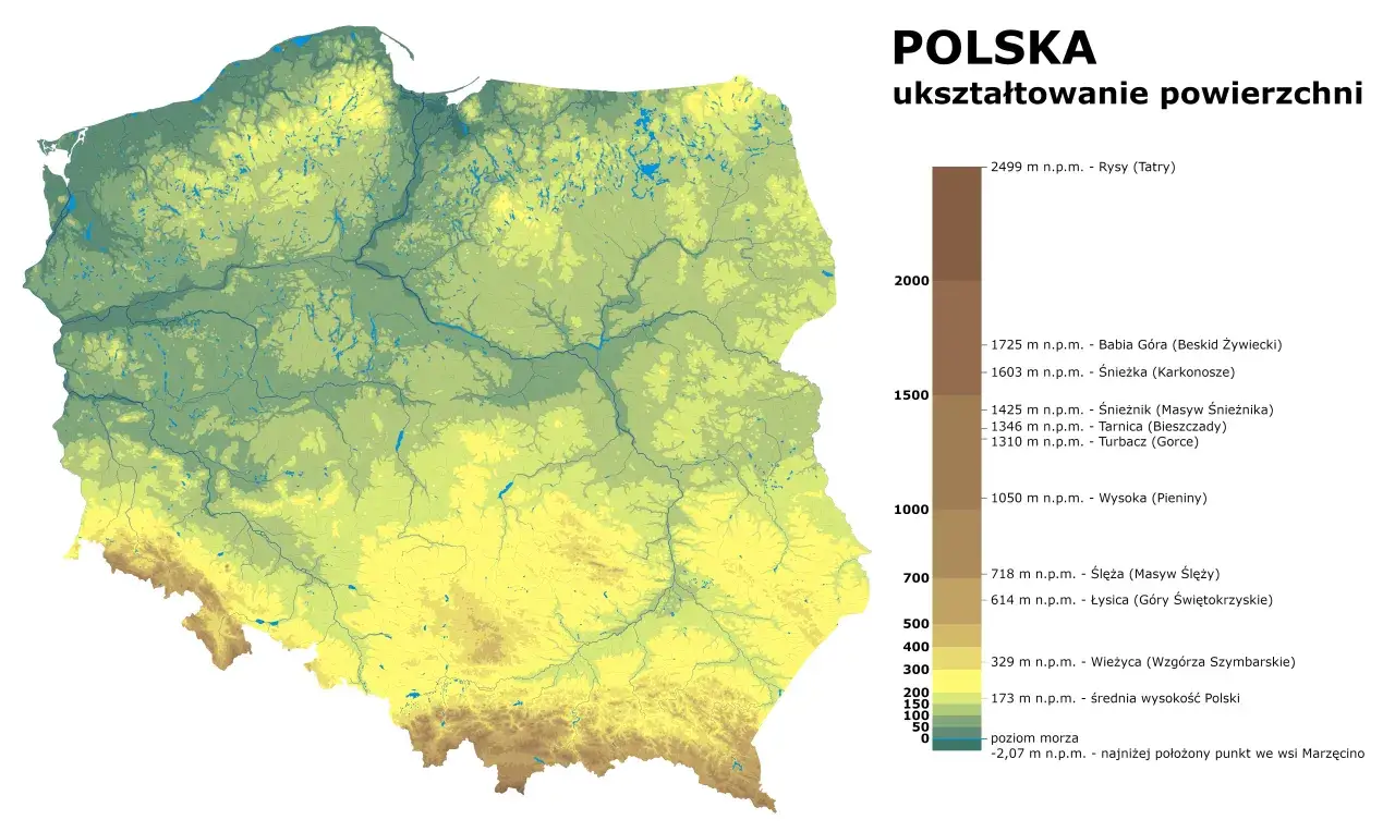 Mapa Polski ukazująca ukształtowanie terenu. Widać tu zróżnicowanie wysokości, od nizin po góry, w tym Tatry.