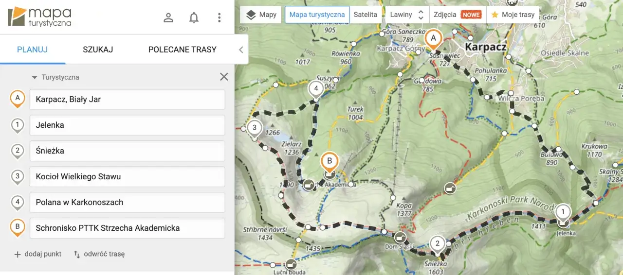 Jak sprawdzić aktualne zagrożenie lawinowe? Mapa turystyczna Karkonoszy z zaznaczonymi szlakami i punktami.