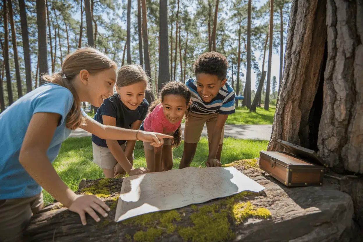 Dzieci planują trasę edukacyjną w lesie, odkrywając ciekawe miejsca i tajemnice natury.