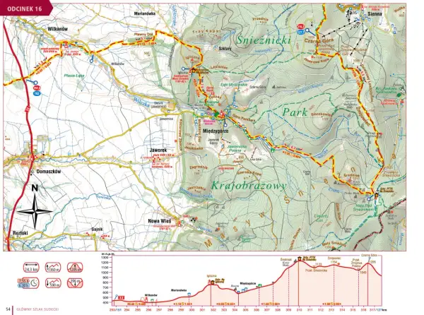 Mapa szlaku z zaznaczonymi etapami, wysokościami i czasami przejść. Idealna, by zaplanować, jak przygotować się do przejścia Głównego Szlaku Sudeckiego etapami.