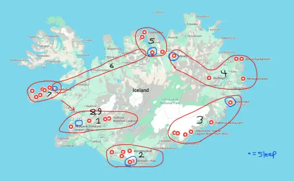 Mapa Islandii z zaznaczonymi punktami, jak zaplanować trasę dookoła Islandii w 10 dni lista punktów.