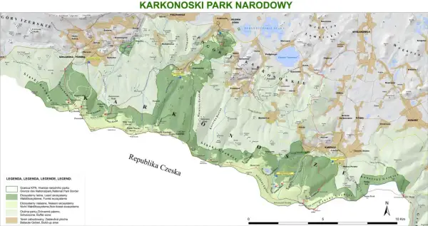 Mapa Karkonoszy, gdzie leżą te góry, pokazuje granice parku narodowego, szlaki turystyczne, ekosystemy leśne i nieleśne oraz tereny zabudowane.