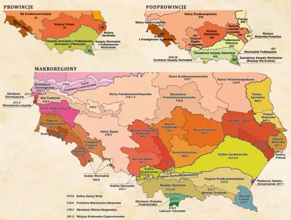 Mapa Polski z zaznaczonymi makroregionami, gdzie leżą Sudety (332.3, 332.6) i Przedgórze Sudeckie (332.1).