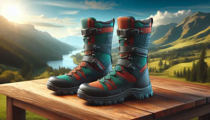 Kolorowe buty trekkingowe na drewnianym stole. W tle malowniczy krajobraz górski z jeziorem. Pomyśl o skutkach braku stuptutów na trasach w Sudetach wczesną wiosną.